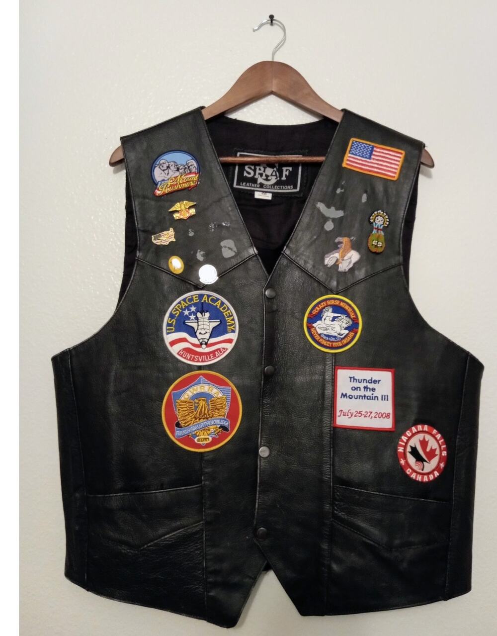 VTG SHAF Men's Leather Biker Vest w Rare Pins & Patches Motorcycle Rider SZ 46